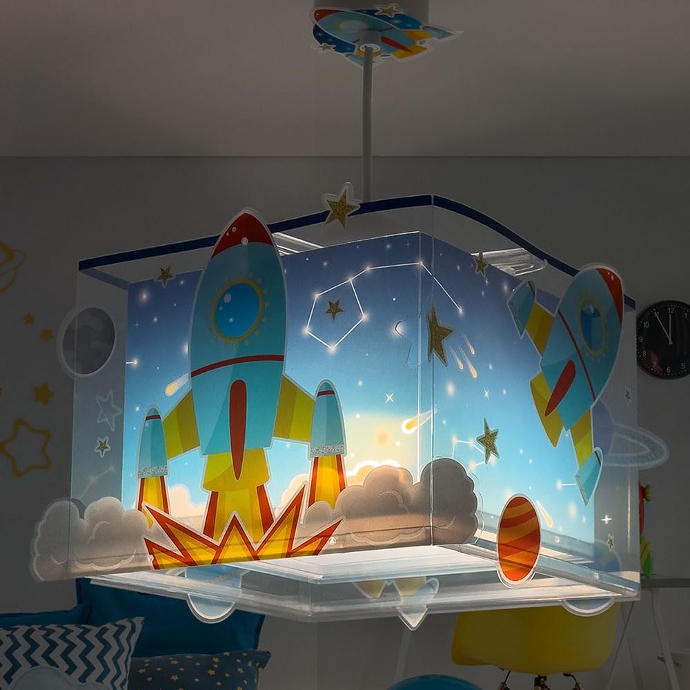 Dalber Lampe kinderzimmer, kinderlampe Pendelleuchte Hängelampe, Deckenleuchte Kinder, Deckenlampe kinderzimmer Rocket Raum Rakete Sonnensystem, 63352, E27, Blau