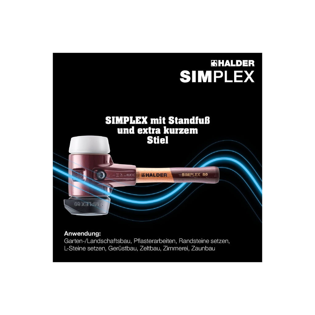 SIMPLEX-Schonhammer, Gummikomposition, mit Standfuß/Superplastik; mit Tempergussgehäuse und hochwertigem extra kurzen Holzstiel | D=80 mm/Stielausführung=extra kurz | 3027.282