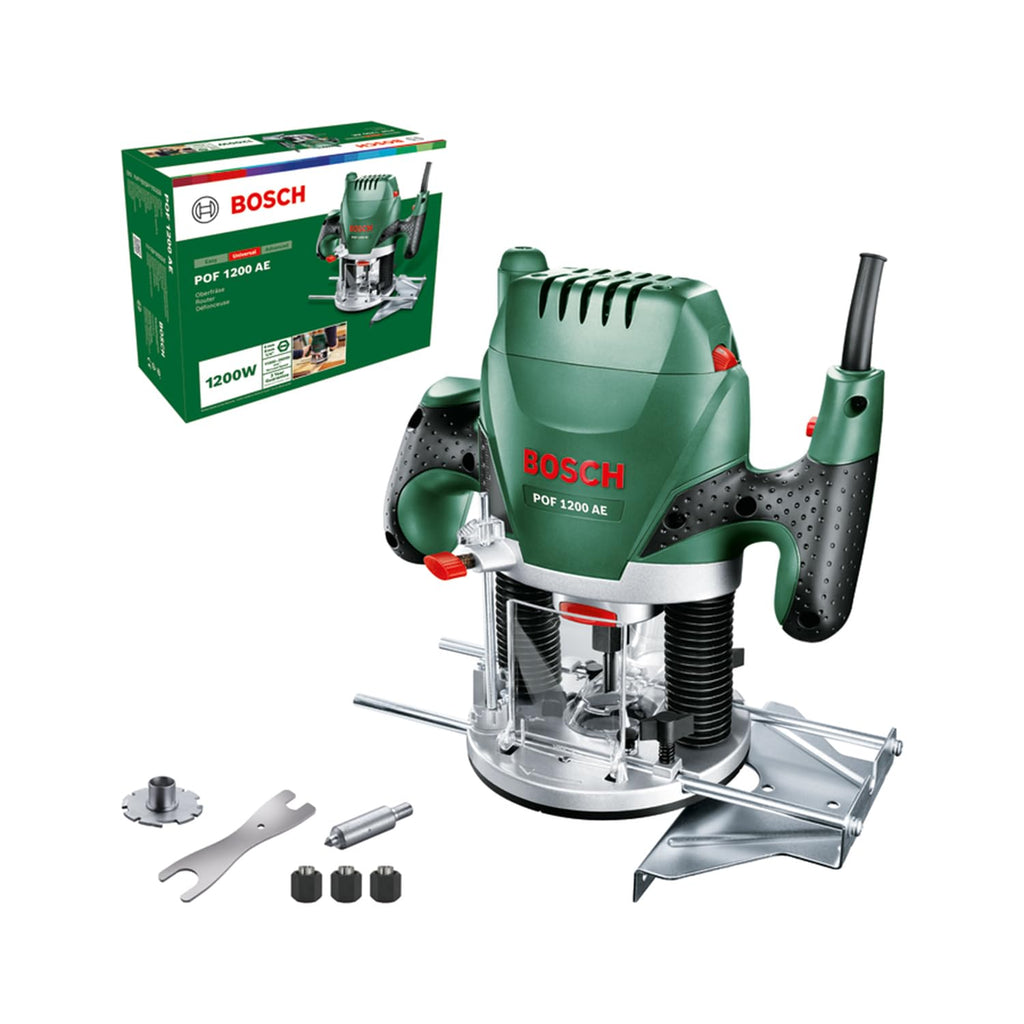 Bosch Oberfräse POF 1200 AE (1200 Watt, inkl. Zubehör für präzise Holzbearbeitung, für unterschiedliche Holzarten)