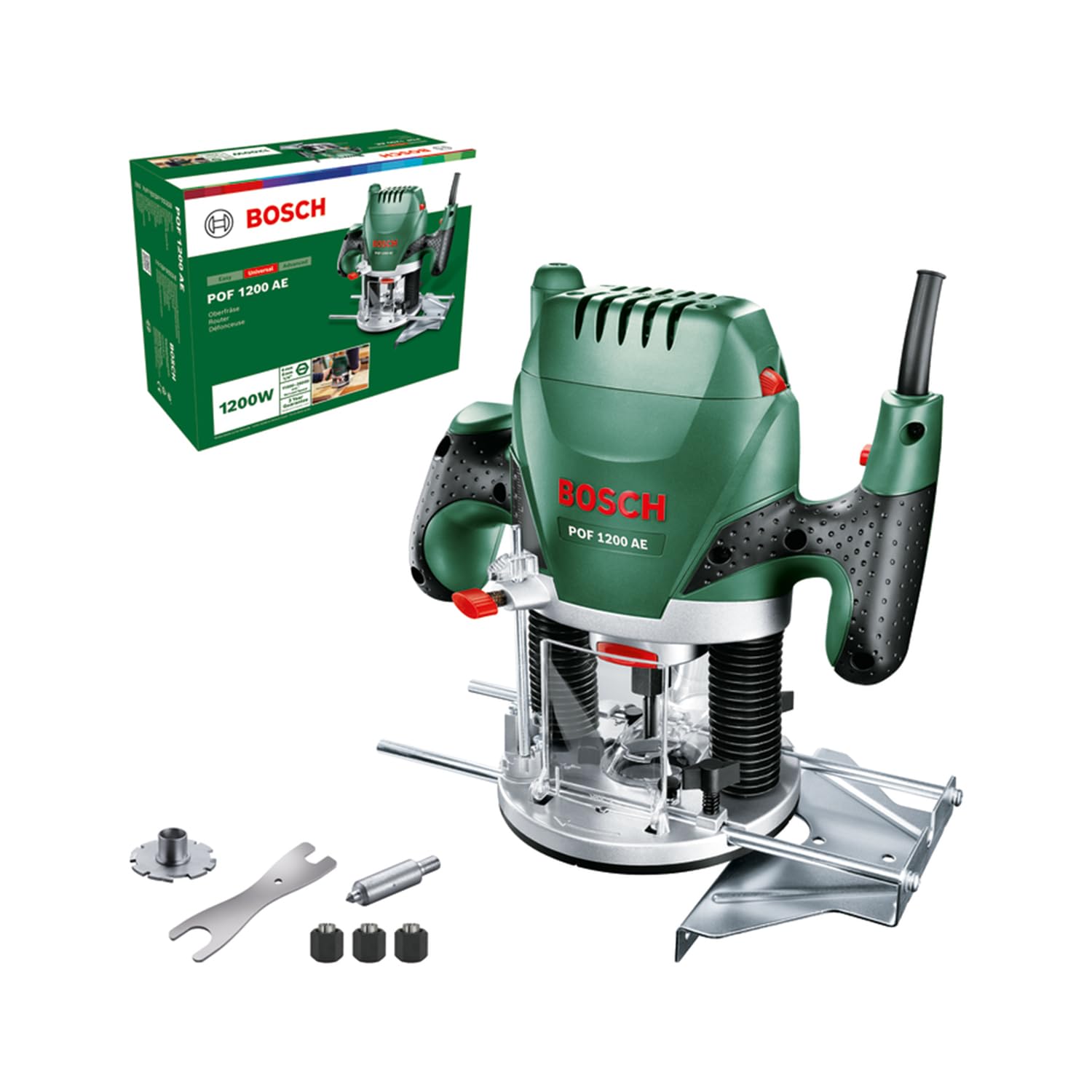 Bosch Oberfräse POF 1200 AE (1200 Watt, inkl. Zubehör für präzise Holzbearbeitung, für unterschiedliche Holzarten)