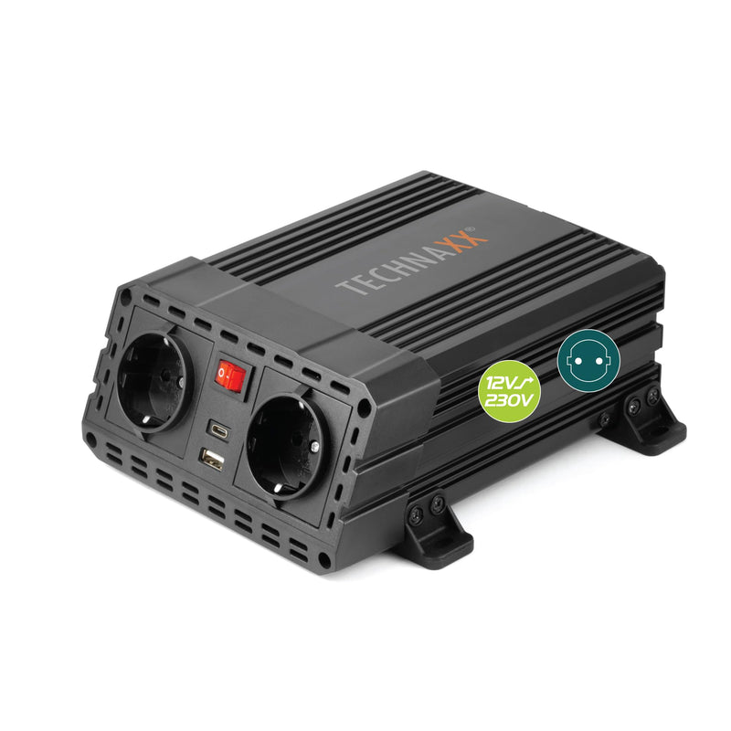 Technaxx KFZ Wechselrichter 12V auf 230V - TÜV Rheinland zertifiziert Auto Inverter mit 2x Schuko-Stecker und 2x USB-Port - Power 600W / 1200W (Spitze) – Spannungswandler TE19