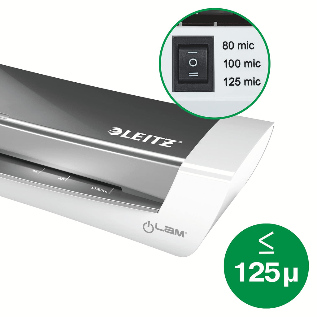 Leitz A4 Laminiergerät, Für 80 bis 125 mic Laminierfolien, inkl. Laminierhüllen Starterkit, Ideal für den Einsatz im Home Office, kleinen Büros & Schule, Grau, iLAM, 73680089