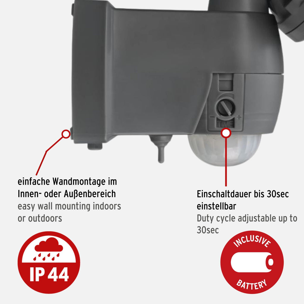 Brennenstuhl Batterie LED Strahler LUFOS/Kabelloser LED Außen-Strahler mit Batterie und Bewegungsmelder (mit 8 Marken LEDs, 440 Lumen, für außen IP44, mit zusätzlicher Funktionseinstellung)