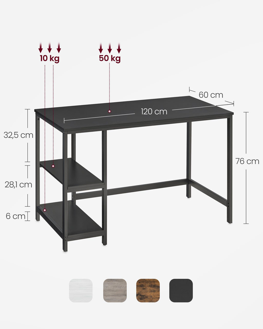 VASAGLE Schreibtisch, Computertisch, PC-Tisch, Bürotisch, mit 2 Ablagen auf der rechten oder linken Seite, fürs Büro, Wohnzimmer, Stahlgestell, Industrie-Design, schwarz LWD047B16