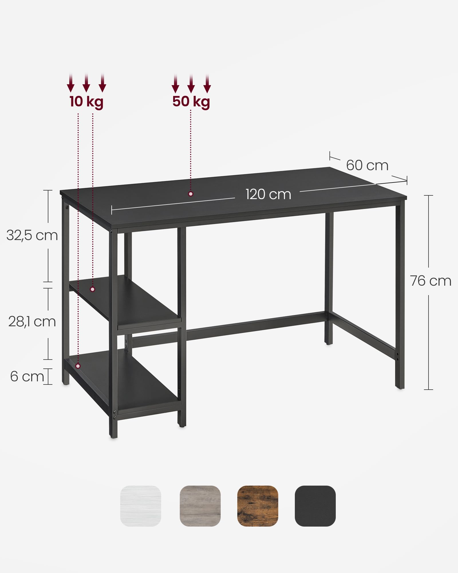 VASAGLE Schreibtisch, Computertisch, PC-Tisch, Bürotisch, mit 2 Ablagen auf der rechten oder linken Seite, fürs Büro, Wohnzimmer, Stahlgestell, Industrie-Design, schwarz LWD047B16