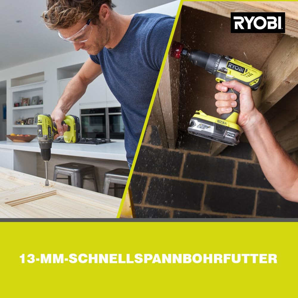 RYOBI 18 V ONE+ Akku-Bohrschrauber R18DD3-215S, 2-Gang-Getriebe, 13 mm Schnellspannbohrfutter, inkl. 2 x 1,5 Ah Akku und Ladegerät