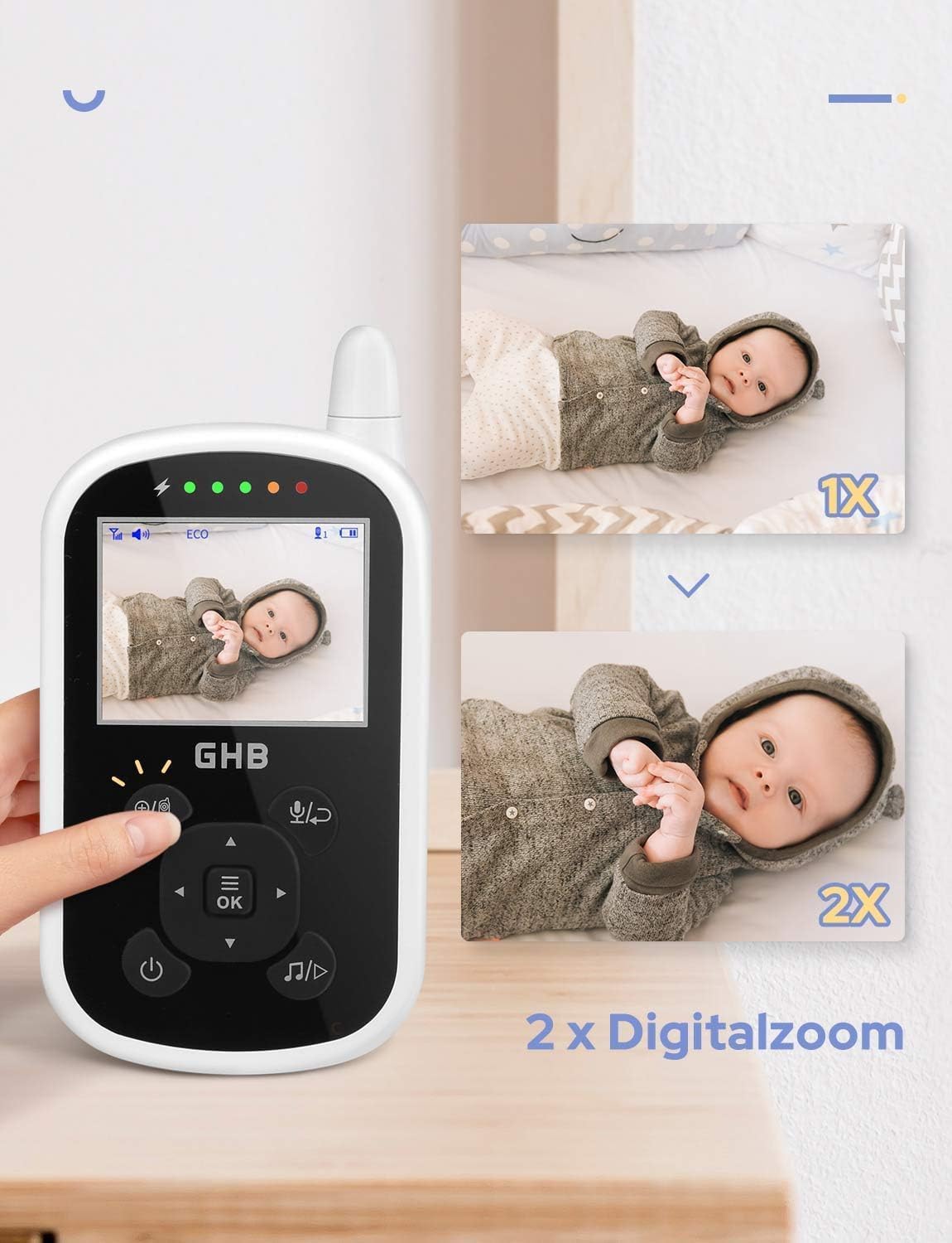GHB Babyphone mit Kamera Video Baby Monitor 2,4 GHz Gegensprechfunktion ECO Modus Lange Akkulaufzeit Nachtsicht Temperatursensor Schlaflieder