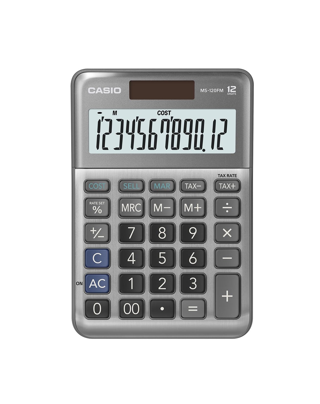 Casio Tischrechner MS-120FM, 12-stellig, Steuerberechnung, Cost/Sell/Margin, Aluminiumfront, Vorzeichenwechsel, Solar/Batteriebetrieb