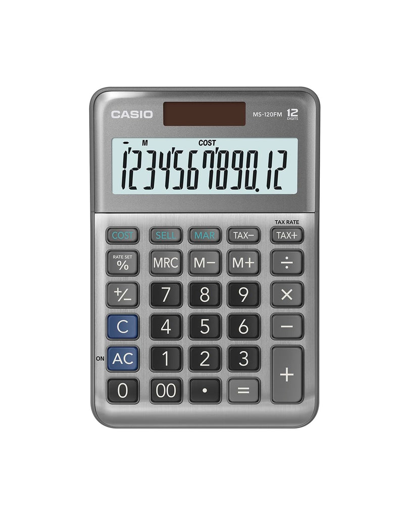 Casio Tischrechner MS-120FM, 12-stellig, Steuerberechnung, Cost/Sell/Margin, Aluminiumfront, Vorzeichenwechsel, Solar/Batteriebetrieb