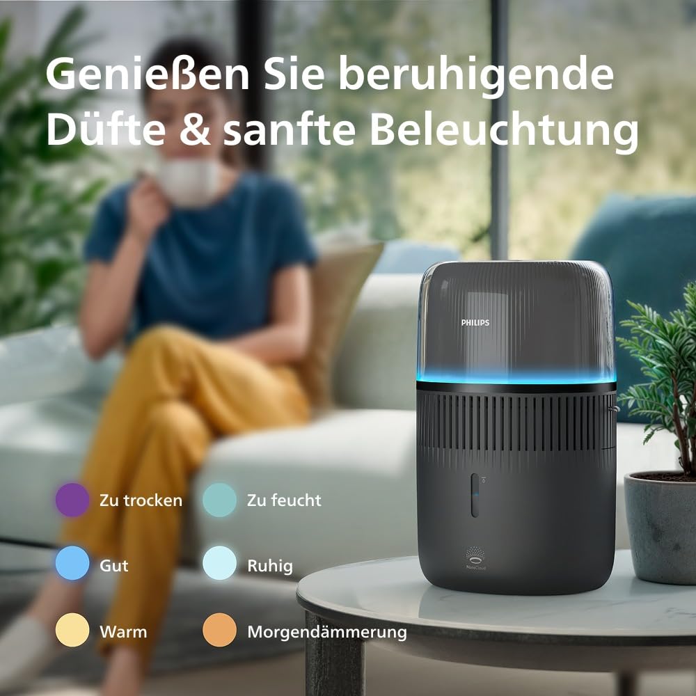 Philips 5000 Series Smart Verdunstungsbefeuchter für 45m², 12dB Ultra-leise, Schlafmodus, 99% weniger Bakterien mit NanoCloud, 300 ml/h, 4,5L Tank, Feuchtigkeitssensor, Timer, Schwarz (HU5600/03)