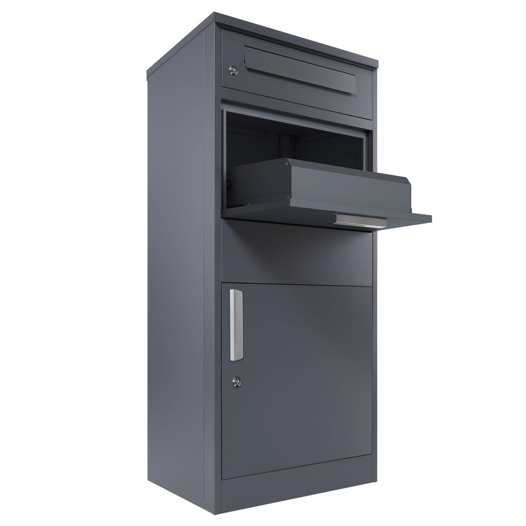 Zelsius Briefkasten mit Paketfach Neptun | pulverbeschichteter Stahl mit Edelstahl Elementen | RAL7016 Anthrazit | integrierte Rückholsperre | Bodenmontage | Paketbriefkasten, Paketbox, Parcel Box