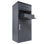 Zelsius Briefkasten mit Paketfach Neptun | pulverbeschichteter Stahl mit Edelstahl Elementen | RAL7016 Anthrazit | integrierte Rückholsperre | Bodenmontage | Paketbriefkasten, Paketbox, Parcel Box