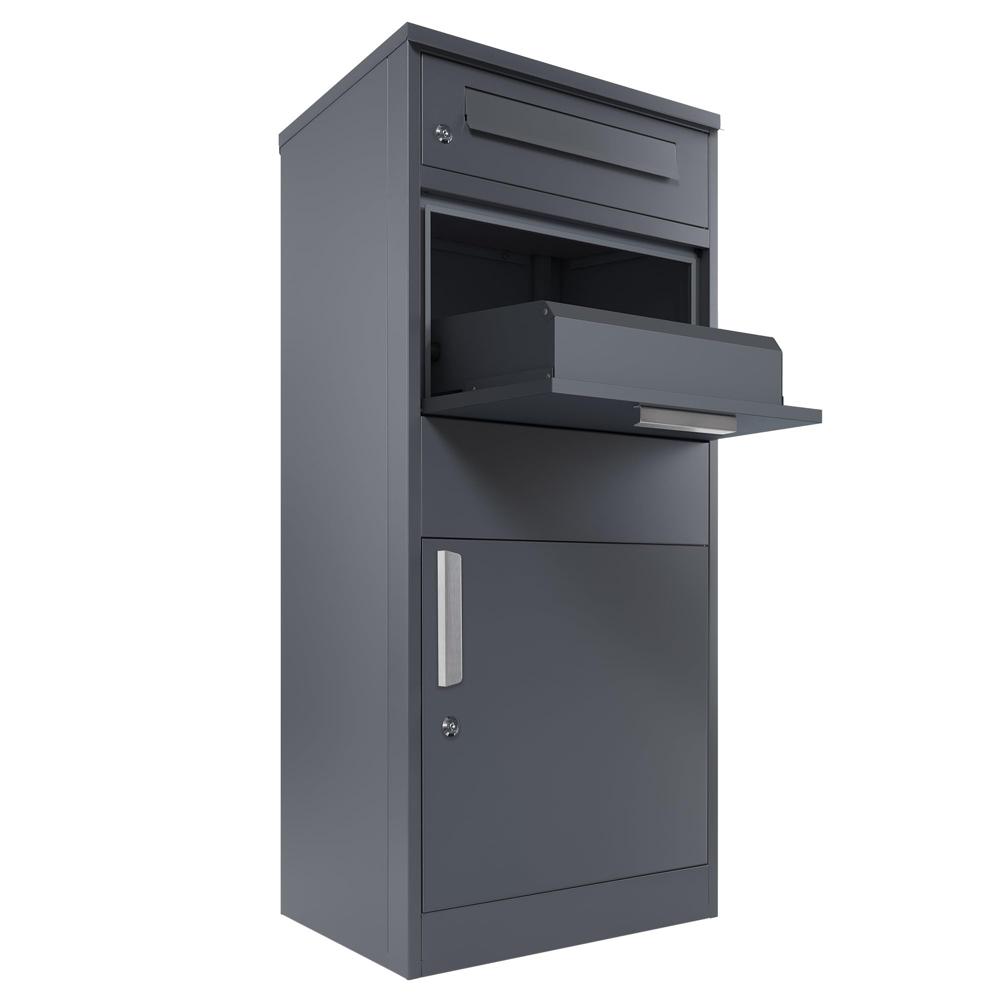 Zelsius Briefkasten mit Paketfach Neptun | pulverbeschichteter Stahl mit Edelstahl Elementen | RAL7016 Anthrazit | integrierte Rückholsperre | Bodenmontage | Paketbriefkasten, Paketbox, Parcel Box