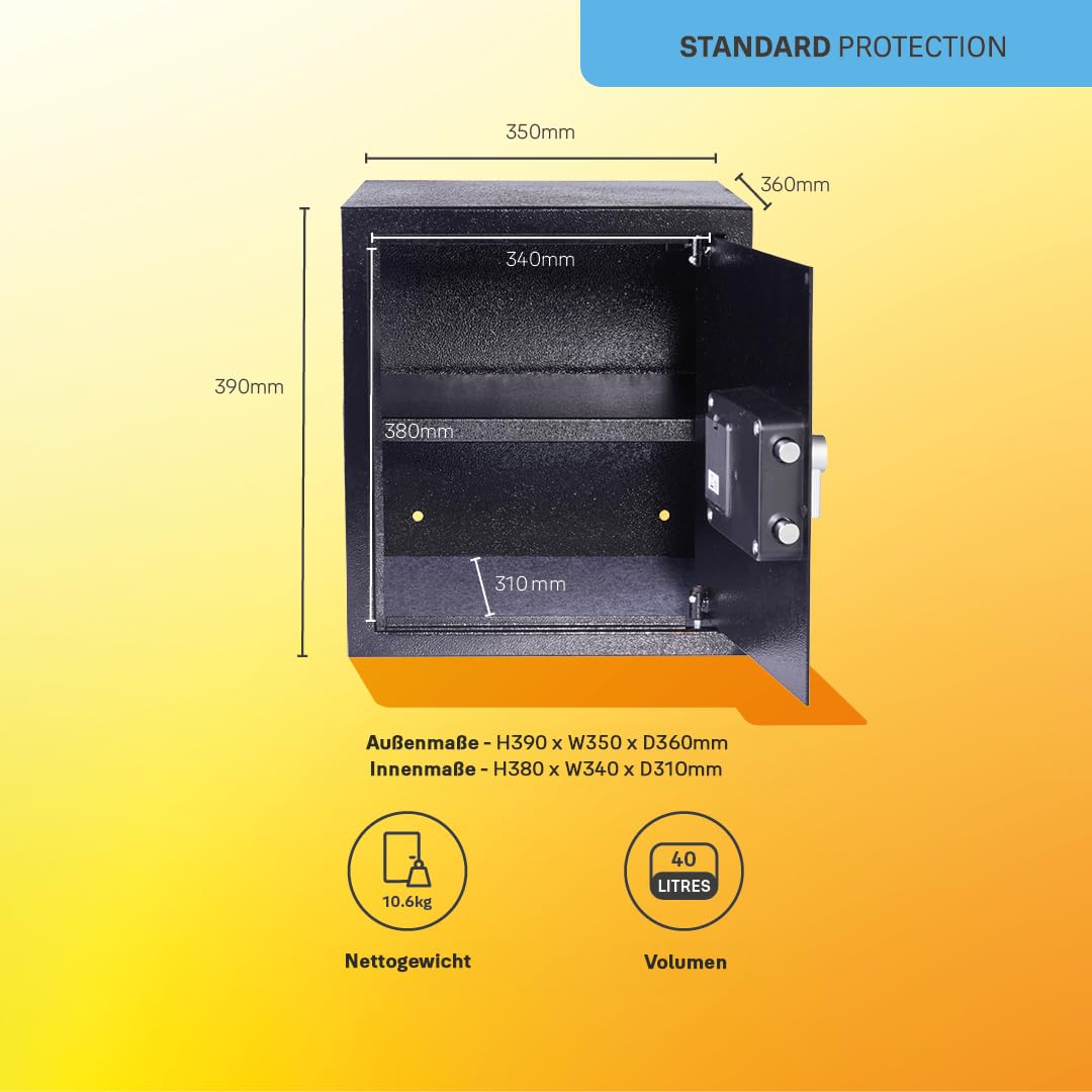 Yale Coffre-fort Électronique - Large 40L - Serrure 100 000 combinaisons, verrou électronique code 3 à 8 chiffres - dimensions 39x35x36cm YSV/390/DB2