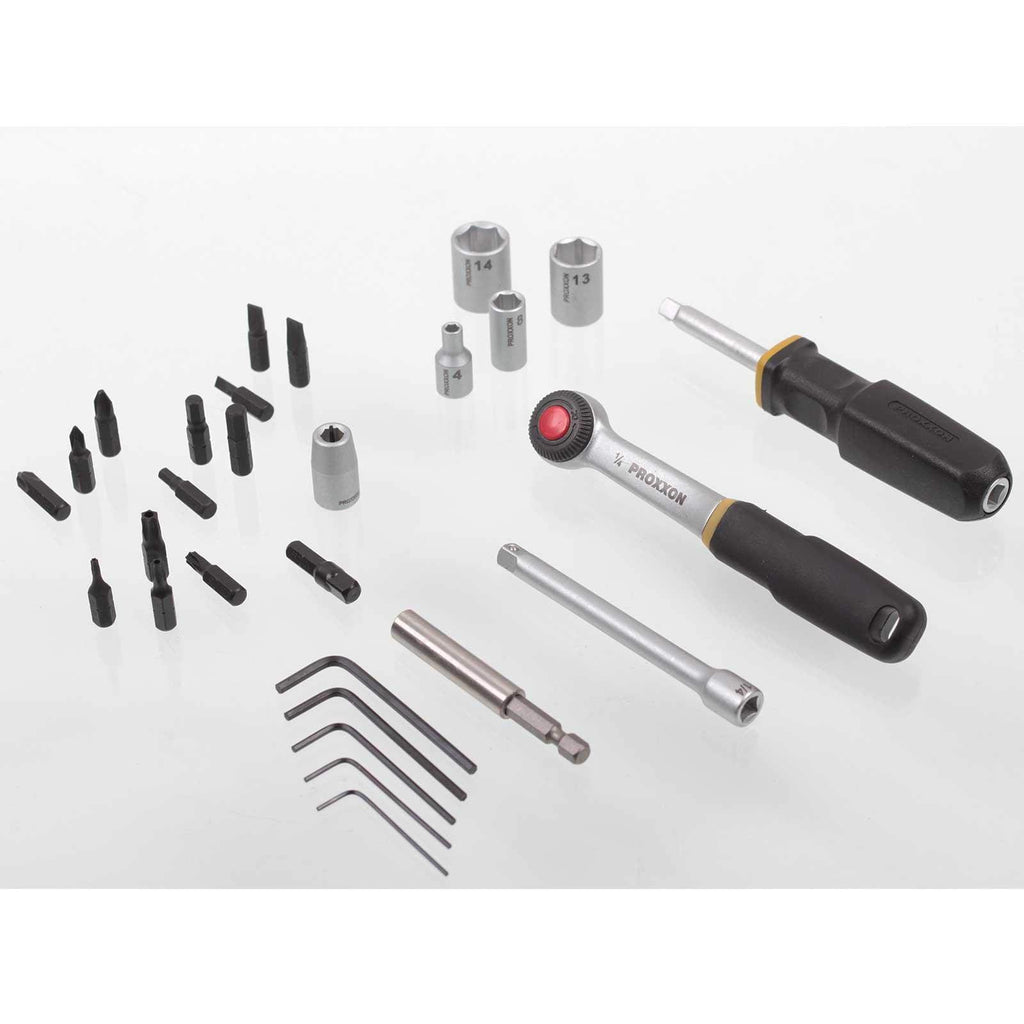 Proxxon Steckschlüsselsatz, Schraubersatz mit 1/4"-Umschaltratsche, Schraubendrehergriff und Magnethalter, 39-teiliges Werkzeug-Set mit Stahlkasten, 23070