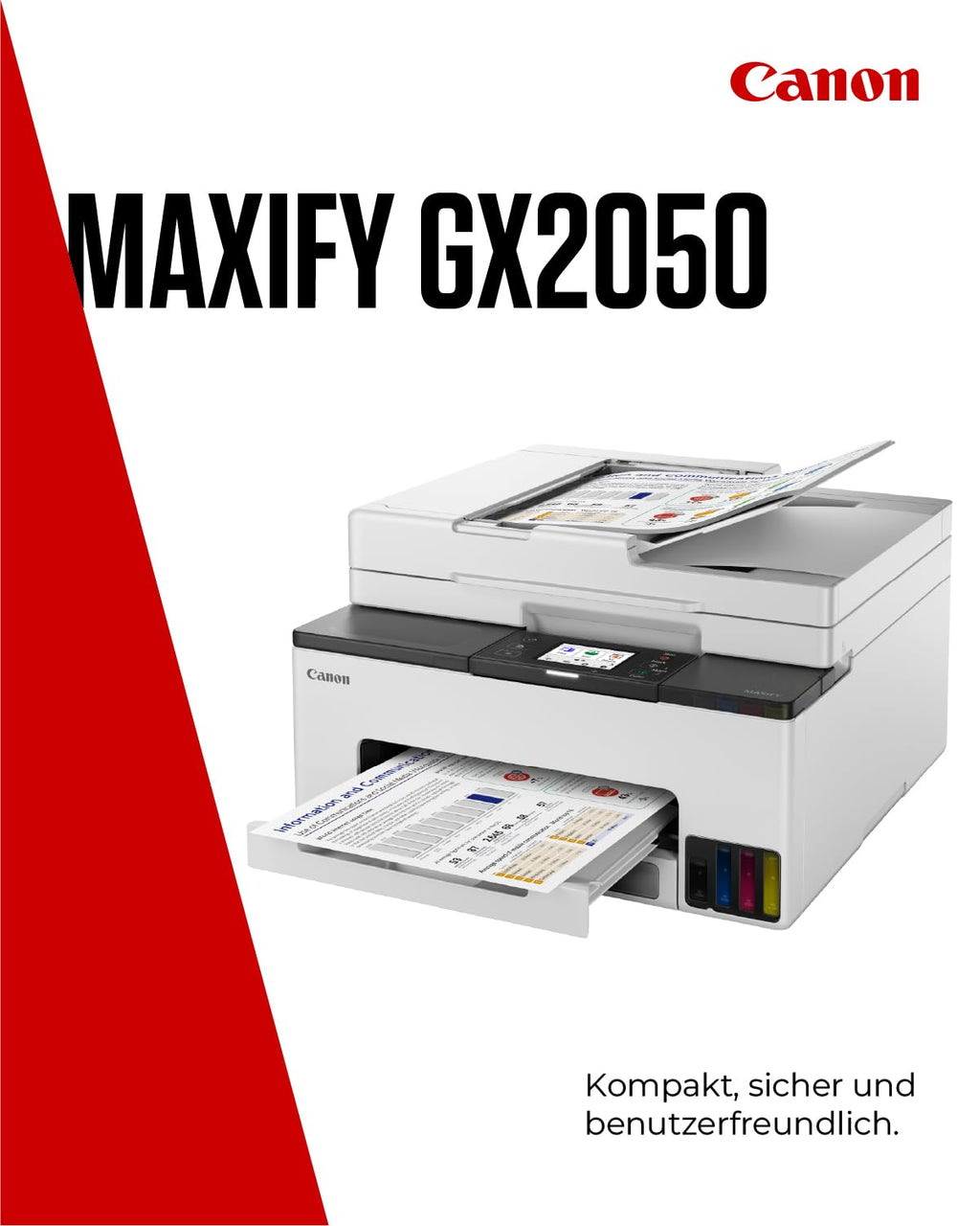 Canon MAXIFY GX2050 Tintenstrahldrucker 4-in-1 Multifunktionsgerät DIN A4 (Drucker, Scanner, Kopierer, Fax, ADF, 600x1200 DPI, WLAN, USB, 15/10 ISO-Seiten/Min., Duplexdruck, 250 Blatt Kassette) weiß