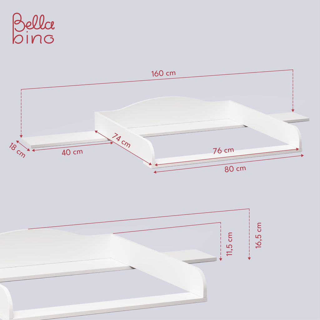 BELLABINO Oti Wickelaufsatz – welliger Wickeltischaufsatz für Malm, Hemnes, Nordli Kommoden (160 cm Breite) – Aufsatz für Wickeltische mit Platzfüller in weiß, 16,5 x 74 x 160 cm (HxTxB)
