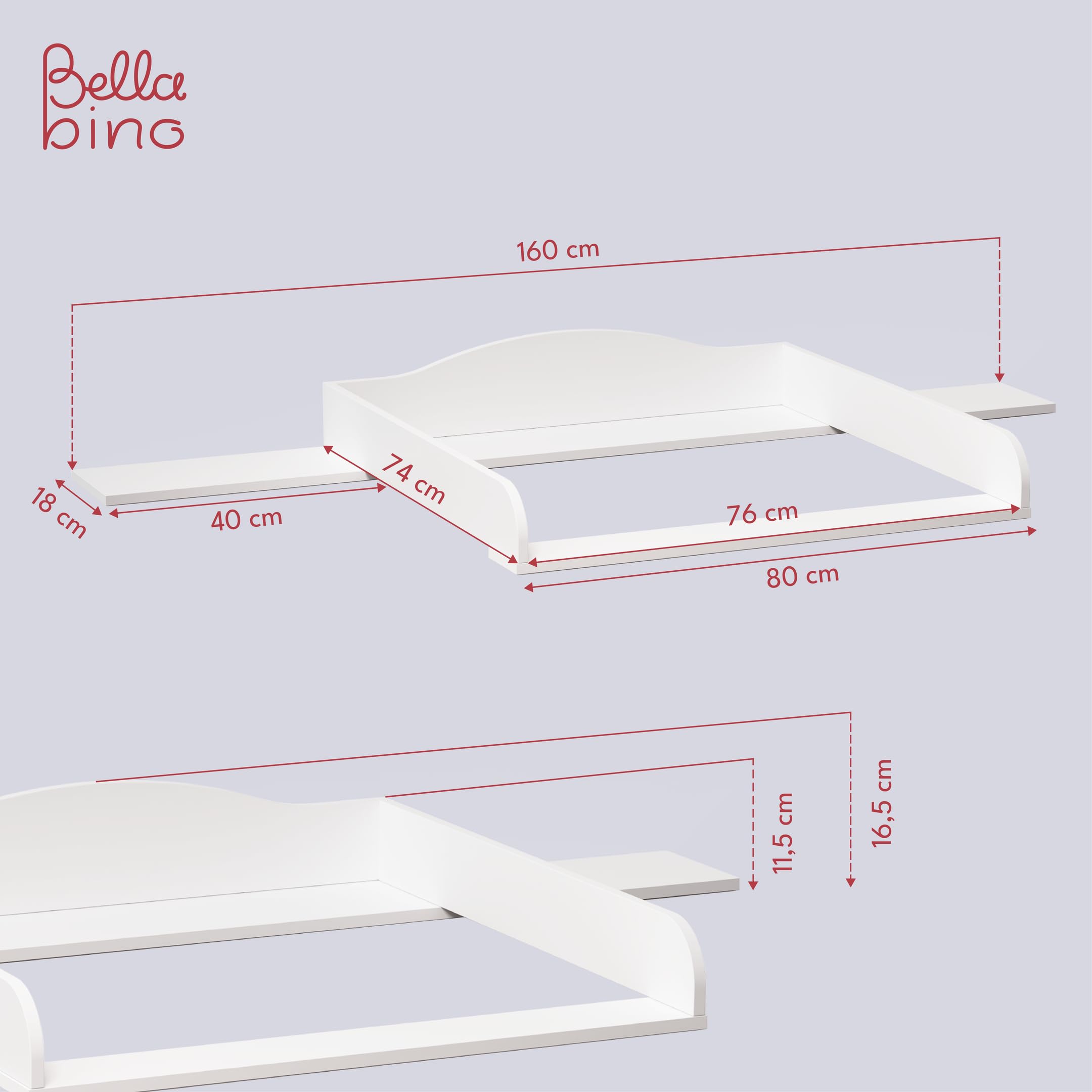BELLABINO Oti Wickelaufsatz – welliger Wickeltischaufsatz für Malm, Hemnes, Nordli Kommoden (160 cm Breite) – Aufsatz für Wickeltische mit Platzfüller in weiß, 16,5 x 74 x 160 cm (HxTxB)