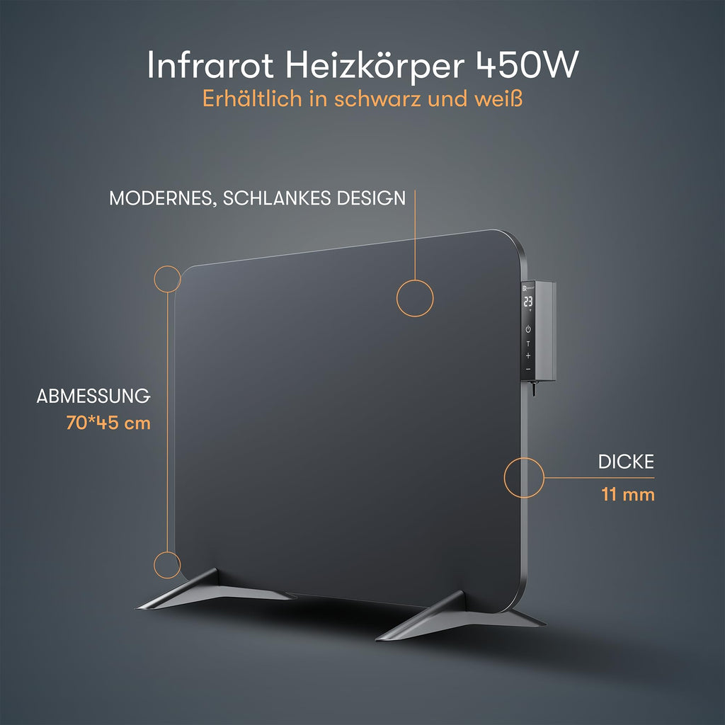 BR Bringer Infrarotheizung 450 Watt mit Smart Thermostat, WIFI & App - für Wandmontage oder als Standgerät für kleine Räume bis 10m² - sehr Energiesparend - Deutsche Qualitätsmarke (schwarz)