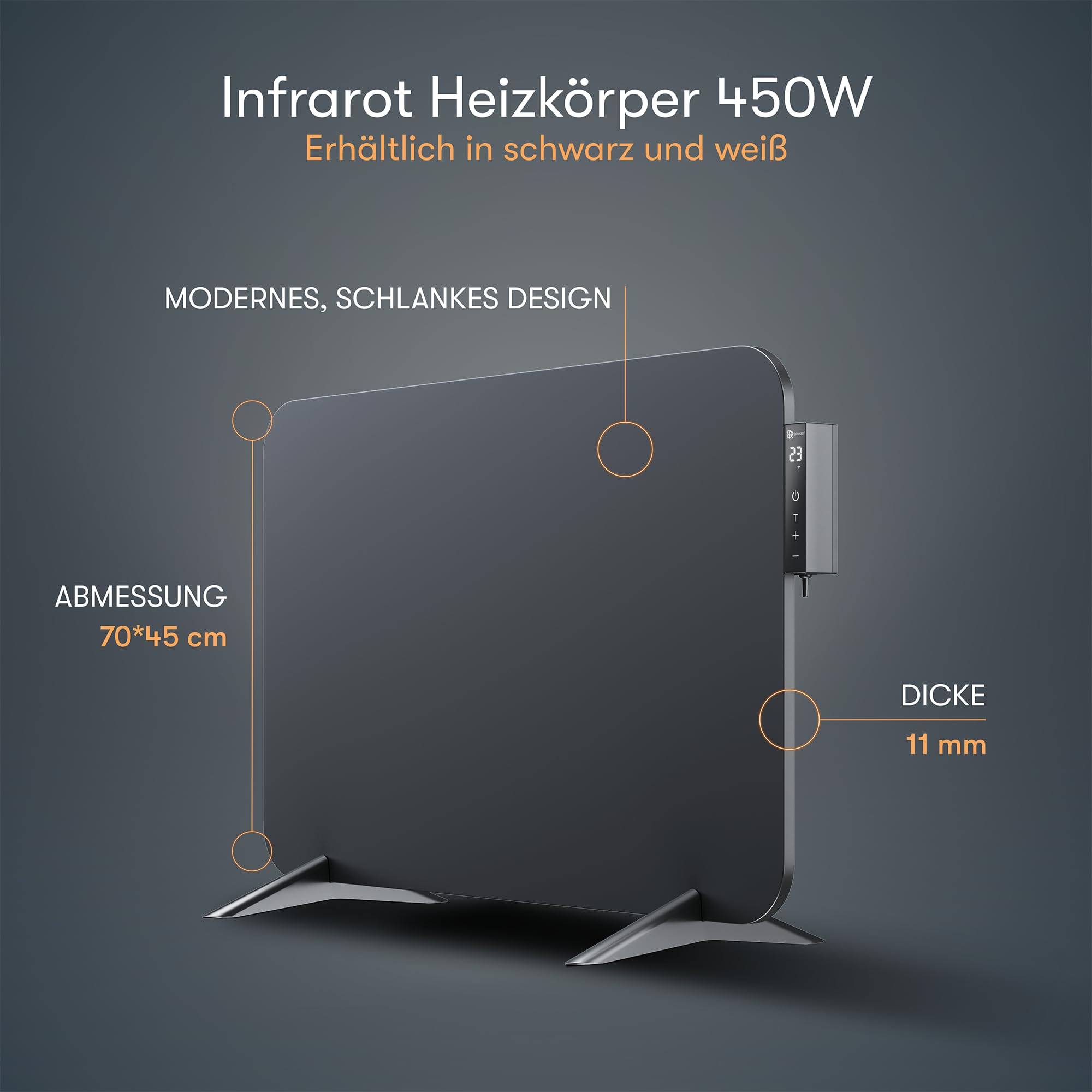 BR Bringer Infrarotheizung 450 Watt mit Smart Thermostat, WIFI & App - für Wandmontage oder als Standgerät für kleine Räume bis 10m² - sehr Energiesparend - Deutsche Qualitätsmarke (schwarz)