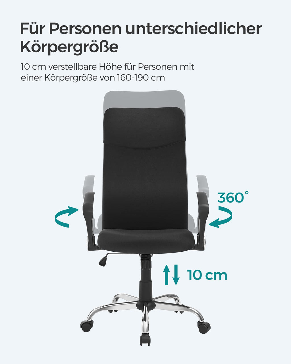 SONGMICS Bürostuhl, ergonomischer Schreibtischstuhl, Drehstuhl, gepolsterter Sitz, höhenverstellbar und neigbar, bis 120 kg belastbar, schwarz OBN034B01
