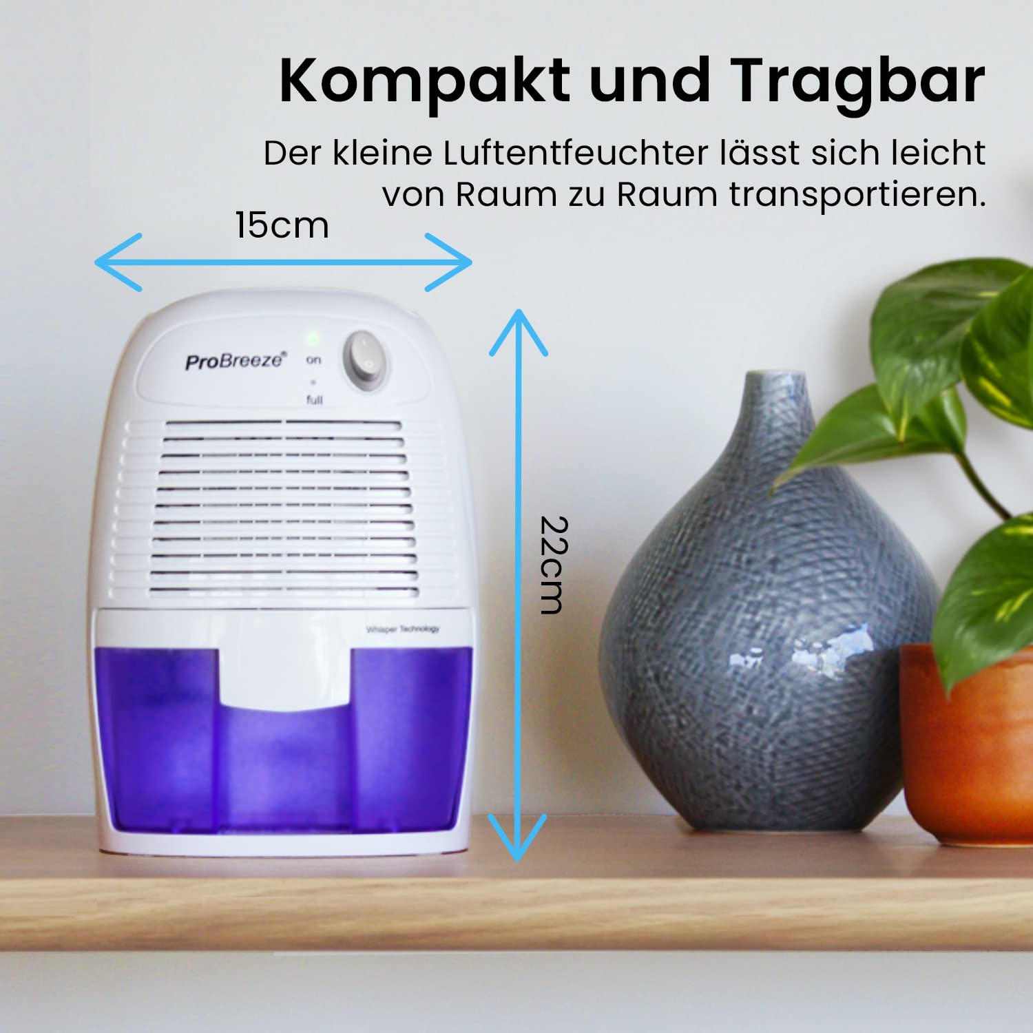 Pro Breeze Mini Luftentfeuchter 500ml gegen Feuchtigkeit, Schmutz, Schimmel, Geräuscharm und Kompakt für Kleine Räume, Automatisches Abschalten, geeignet für Allergiker - Weiß