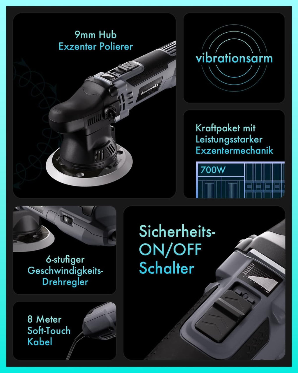 Poliermaschinen Set: chemicalworkz DA9 Exzenter Poliermaschine + Sonax Politur Set + Royal Pads Premium Polierpads + Dr. Wack Versiegelung für Lack + Zubehör | 20-teilig