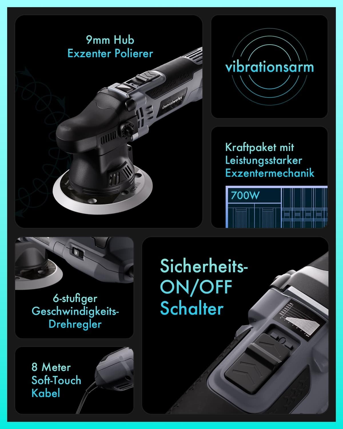Poliermaschinen Set: chemicalworkz DA9 Exzenter Poliermaschine + Sonax Politur Set + Royal Pads Premium Polierpads + Dr. Wack Versiegelung für Lack + Zubehör | 20-teilig