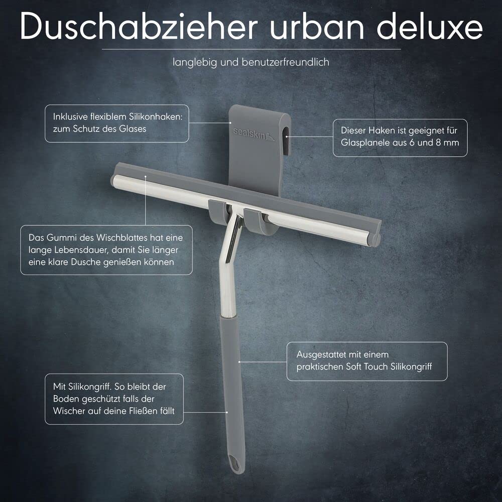 Sealskin Urban Duschabzieher, Glaswischer für Dusche und Fenster, praktischer Abzieher inklusive flexiblem Halter aus Silikon sowie Schraubhaken, Griff: Edelstahl poliert