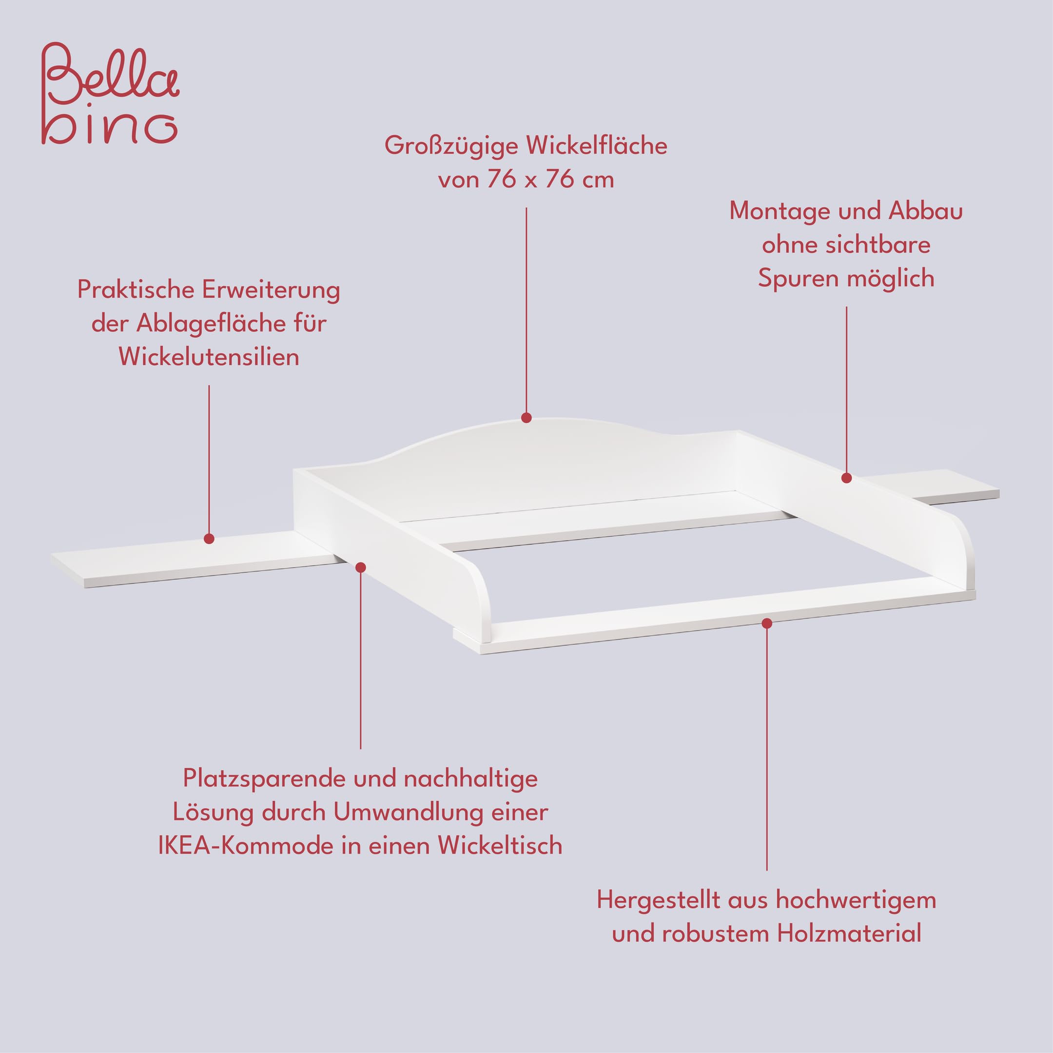 BELLABINO Oti Wickelaufsatz – welliger Wickeltischaufsatz für Malm, Hemnes, Nordli Kommoden (160 cm Breite) – Aufsatz für Wickeltische mit Platzfüller in weiß, 16,5 x 74 x 160 cm (HxTxB)