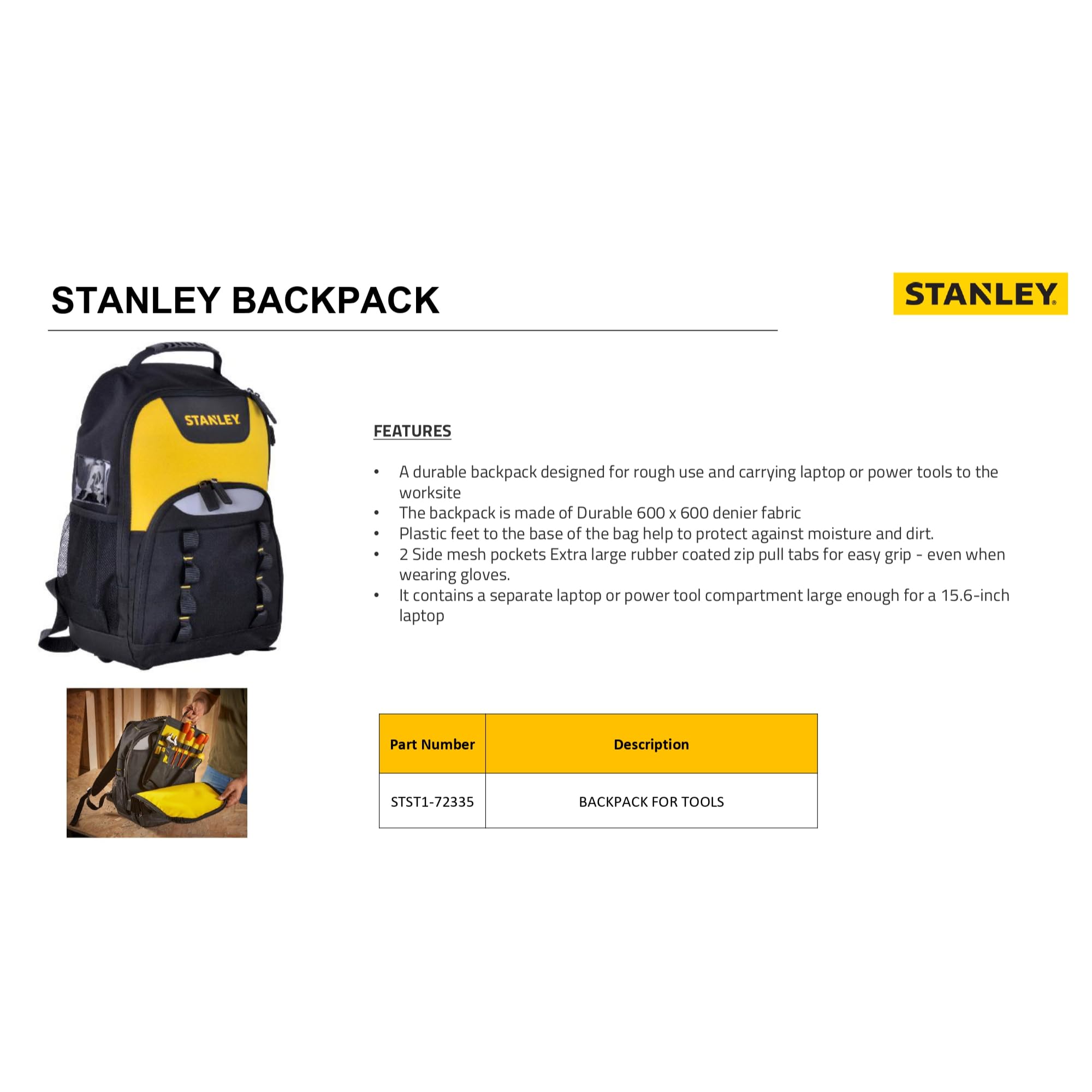 STANLEY Arbeitsrucksack Werkzeugrucksack (35 x 44 x 16 cm, robustes 600 x 600 Denier Nylon, Innenteiler, ergonomischer Rücken, Rucksack für Zubehör, Extrafach für Elektrowerkzeug) STST1-72335