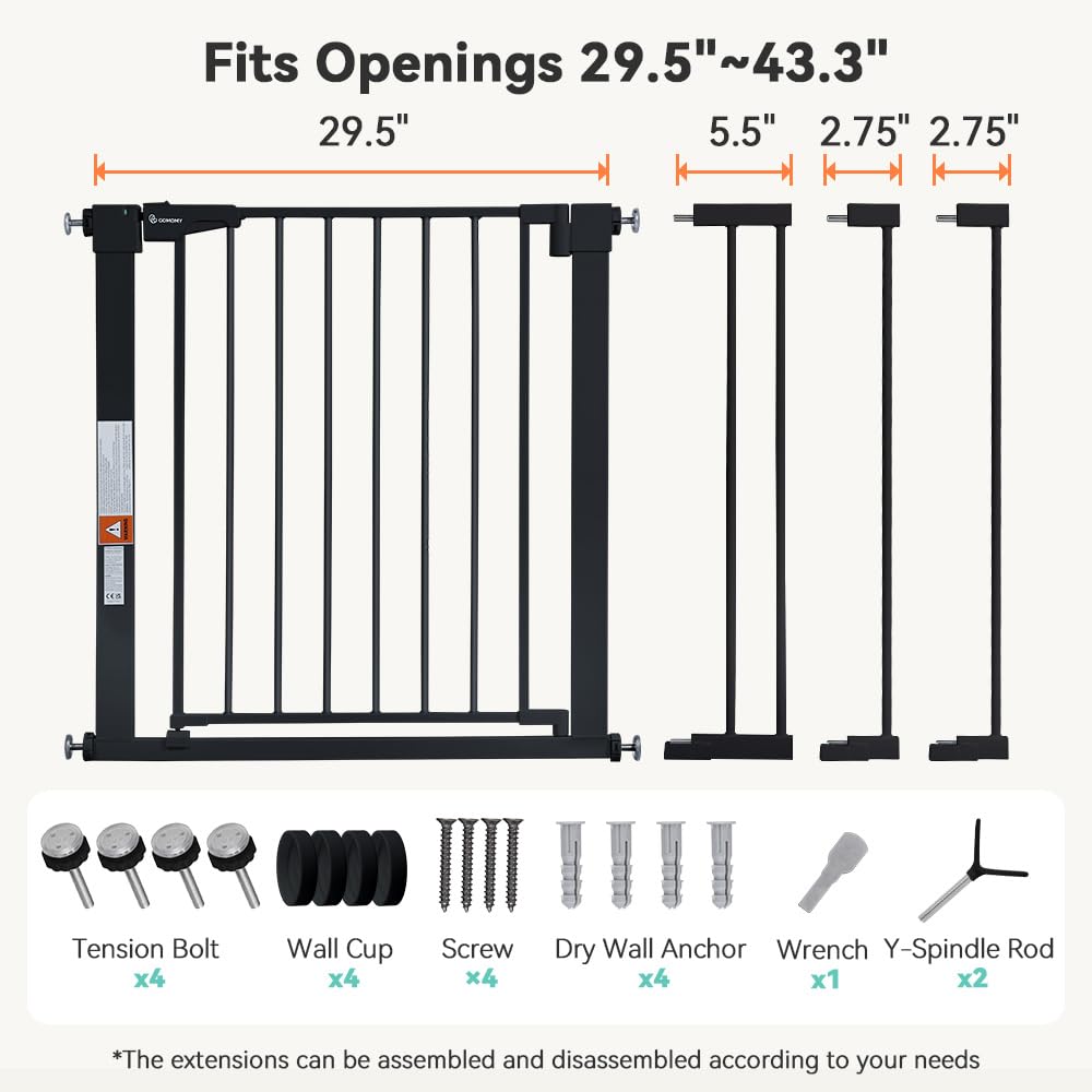 COMOMY 75 – 110 cm Sicherheitsbarriere für Kinder, Sicherheitsbarriere für Hunde, automatisches Schließen, Treppen und Türen ohne Bohren, breites Metallgitter mit Verlängerung (76 cm H, schwarz)