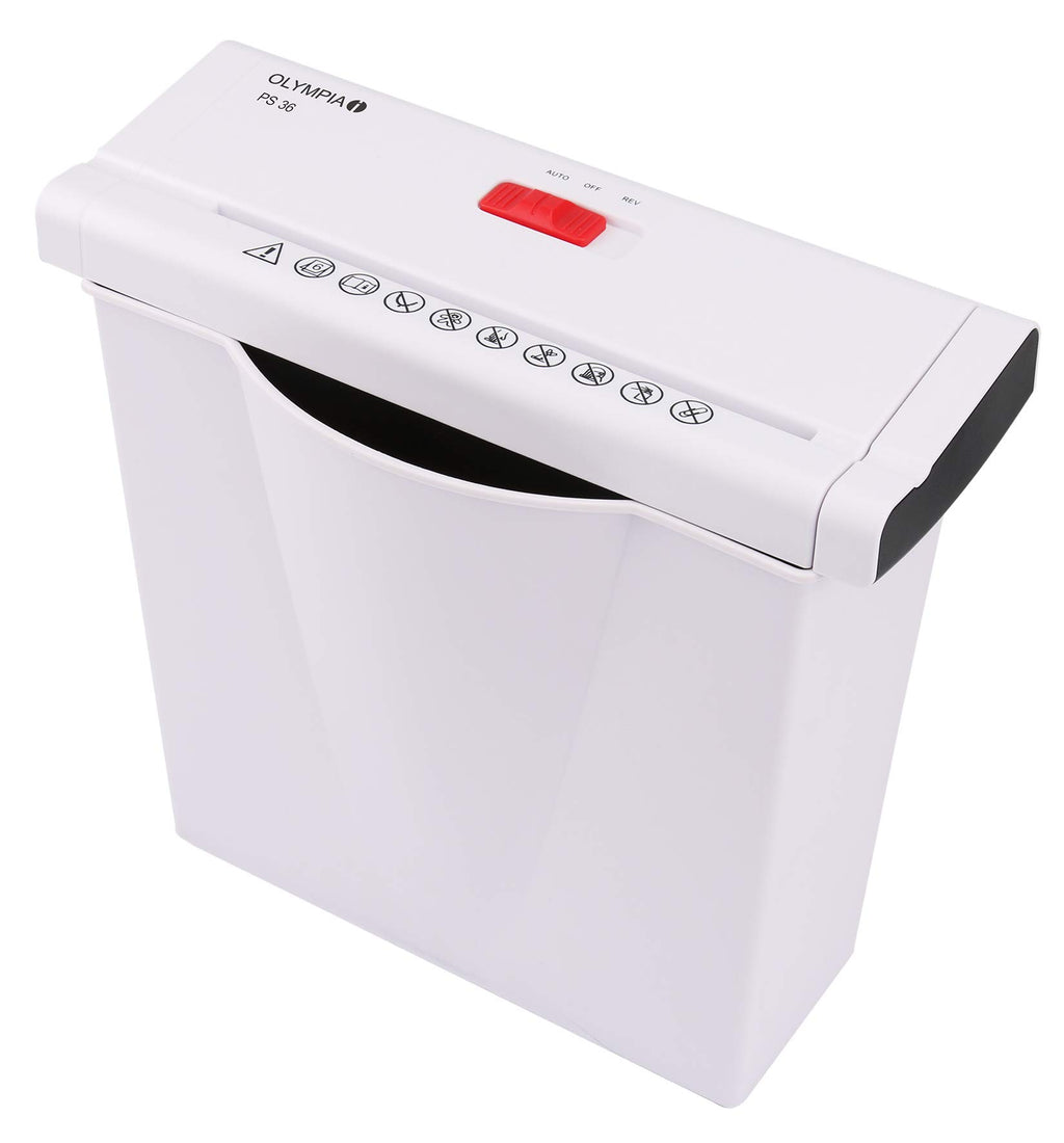 Olympia PS 36 Papierschredder Büro (Streifenschnitt, Sicherheitsstufe P2, Automatischer Einzug, Papiervernichter mit Papierkorb, Dokumenten-Shredder mit Teleskoparm) weiß