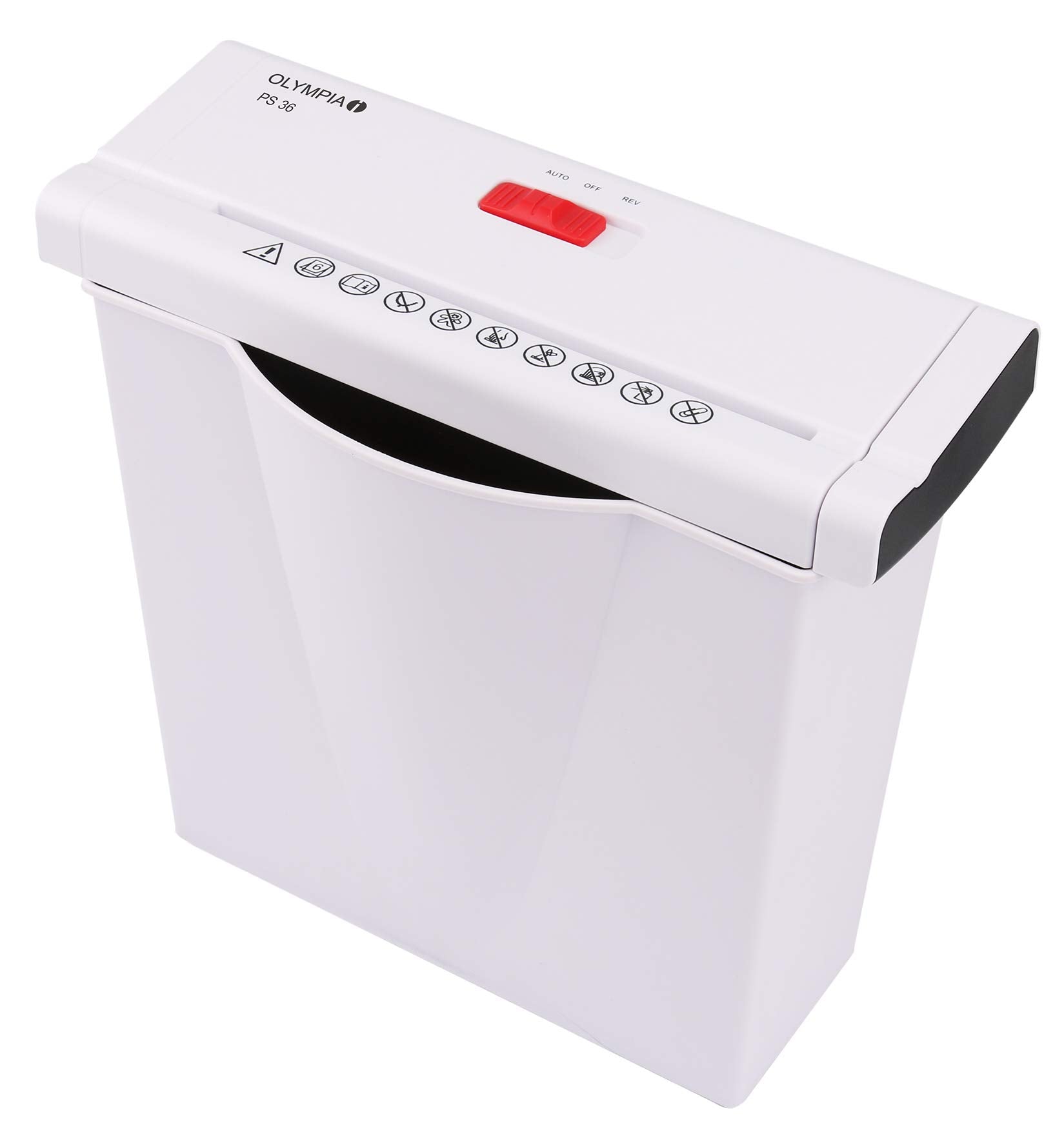 Olympia PS 36 Papierschredder Büro (Streifenschnitt, Sicherheitsstufe P2, Automatischer Einzug, Papiervernichter mit Papierkorb, Dokumenten-Shredder mit Teleskoparm) weiß