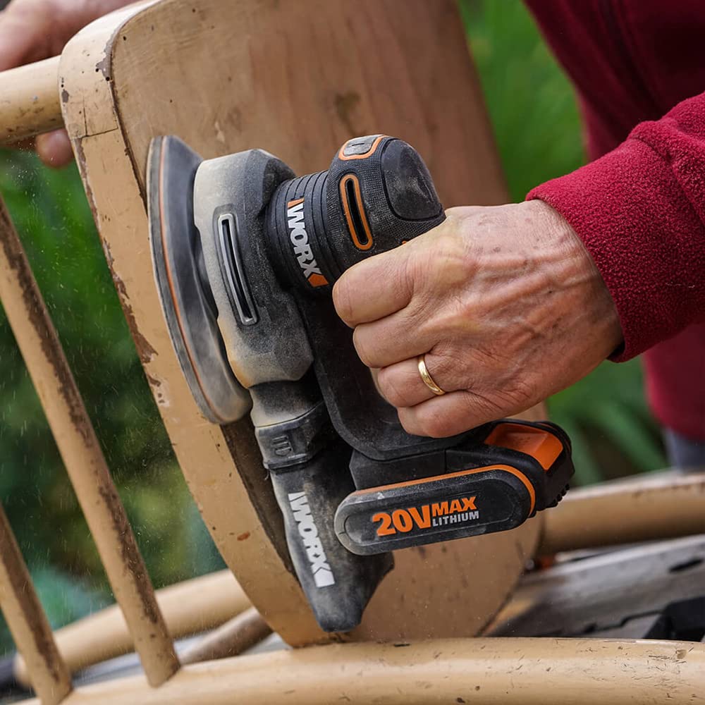 WORX WX822 Akku Detailschleifer 20V - Elektrische 20V Schleifmaschine für Holzmöbel, Türen, Ecken und Kanten - Schleifen mit Staubfangsack - PowerShare kompatibel - mit Akku & Ladegerät