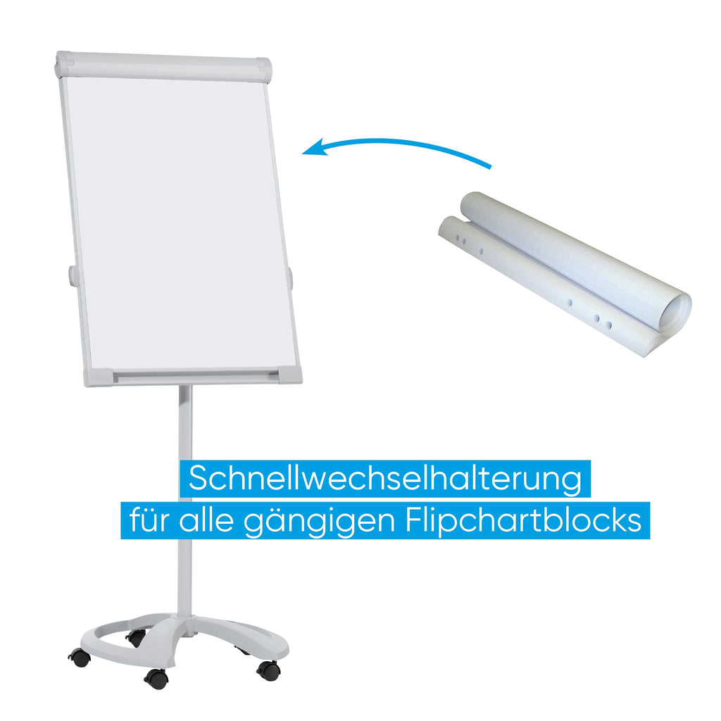 FRANKEN Flipchart, Beschreibbar, Magnetisch, Mobil, Mit Rollen und 2 Seitenarmen, Whiteboard mit Ständer, Papierhalterung und Stifteablage, 67 x 95 cm, PRO Deluxe Mobil, FC81