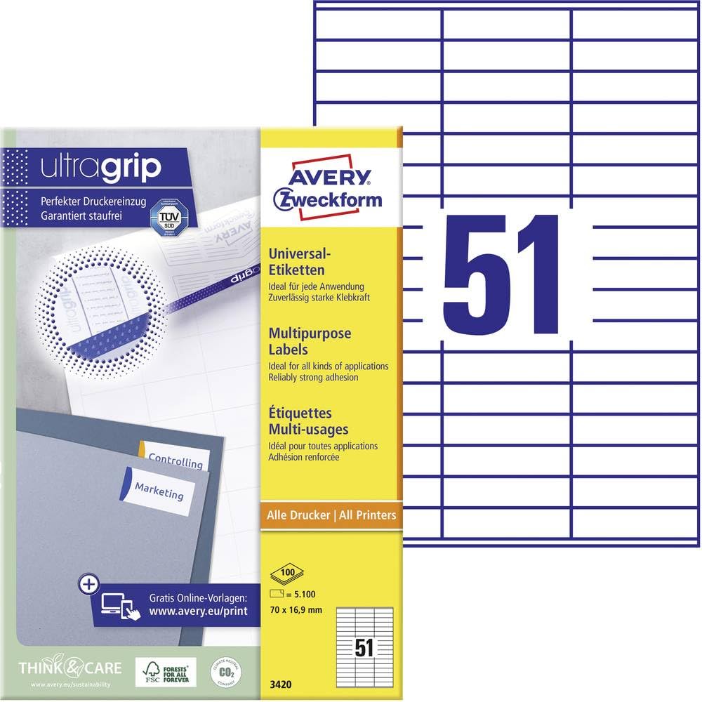 AVERY Zweckform 3420 Universal Etiketten (5.100 Klebeetiketten, 70x16,9mm auf A4, Papier matt, individuell bedruckbar, selbstklebende Aufkleber mit ultragrip) 100 Blatt, weiß