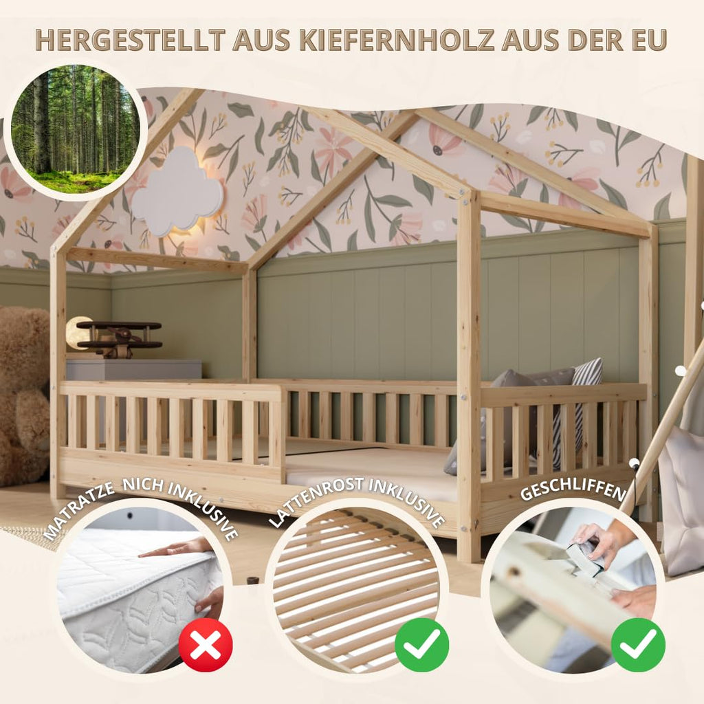 Crazy Pine Hausbett 140x200 cm – Kinderbett aus Naturholz mit Rausfallschutz – Montessori Bodenbett mit Höhenverstellbaren Beinen und Abnehmbarer Barriere - Crazy House