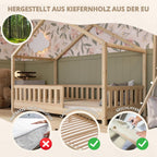 Crazy Pine Hausbett 140x200 cm – Kinderbett aus Naturholz mit Rausfallschutz – Montessori Bodenbett mit Höhenverstellbaren Beinen und Abnehmbarer Barriere - Crazy House