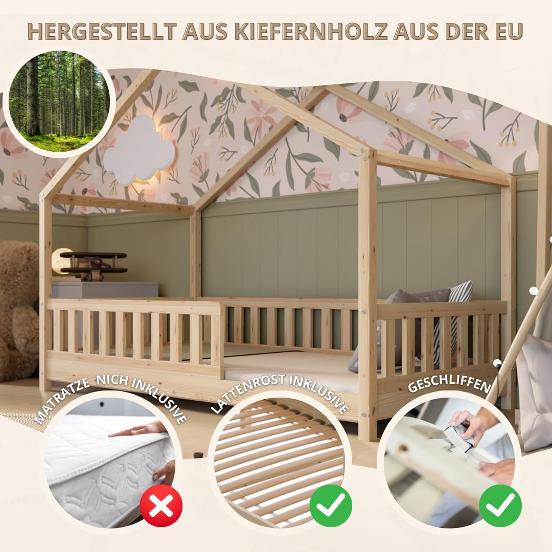 Crazy Pine Hausbett 140x200 cm – Kinderbett aus Naturholz mit Rausfallschutz – Montessori Bodenbett mit Höhenverstellbaren Beinen und Abnehmbarer Barriere - Crazy House