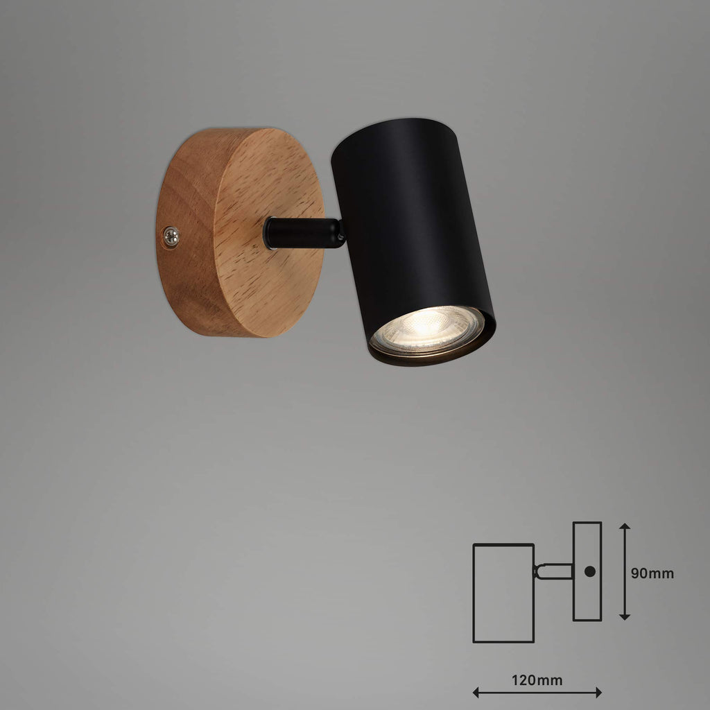BRILONER - Wandleuchte Innen schwenkbar, Vintage, Holzbasis, Wandlampe innen, Wandstrahler, Wandlicht, Wandbeleuchtung, Schlafzimmer, Flurlampe, Wall Light, 11x11x15,7 cm, Schwarz-Gold