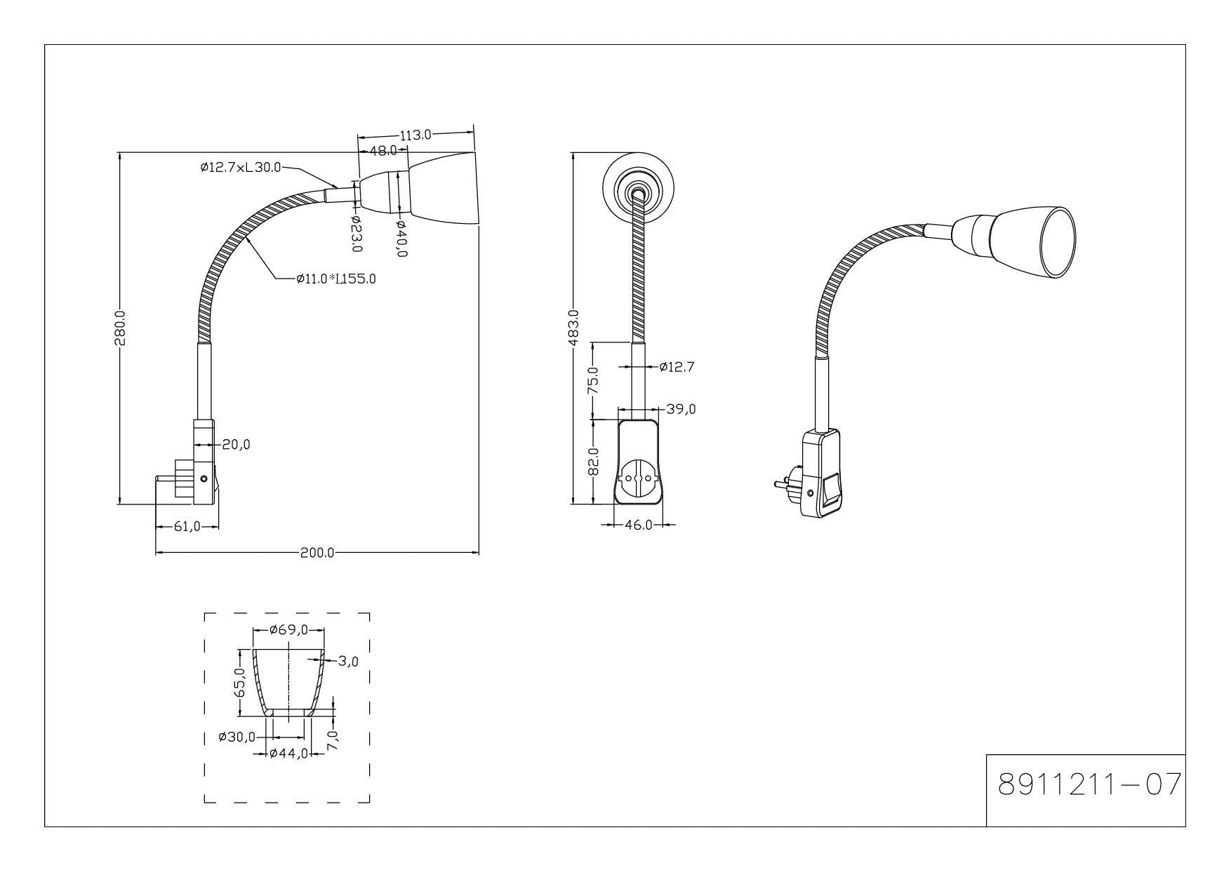 Trio Leuchten Stecker-Spot Ligara 8911211-07, Metall Nickel matt, Schirm Kunststoff weiß, exkl. 1x E14, Schalter, Flexarm