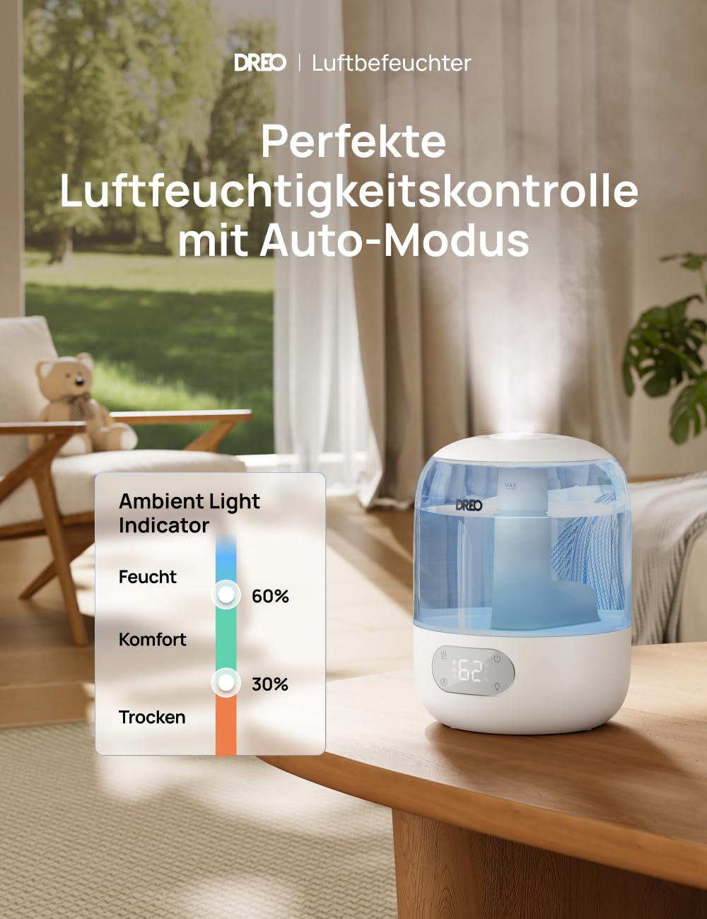 Dreo Luftbefeuchter für Schlafzimmer, kühler Nebel Luftbefeuchter für Haus und großen Raum, leiser Luftbefeuchter für Baby, Nachtlicht, ätherisches Diffusor, schnelle Ultraschall Luftbefeuchter