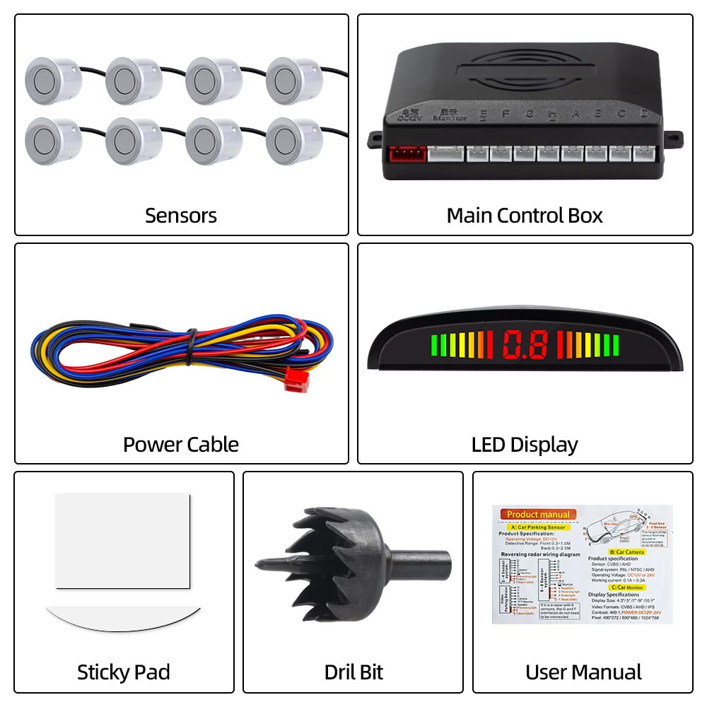 Einparkhilfe mit 8 Vorne Hinteren Parksensoren mit Summer LED-Anzeige (8 Sensoren, Silber)