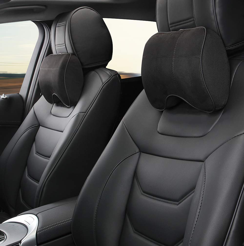 EASY EAGLE Auto Nackenkissen aus Wildleder und Memory-Schaum, Nackenkissen mit Abnehmbarem Befestigungsgurt für Autositz, Schwarz, 1 Stück