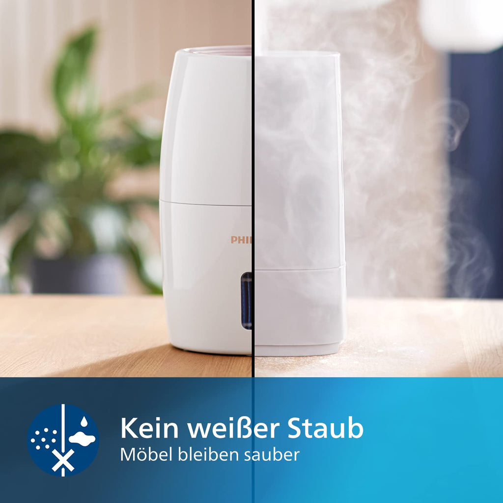 PHILIPS Luftbefeuchter 2000 Serie, hygienische NanoCloud-Befeuchtung, 99,97% weniger Bakterien, 200ml/h, 2L Wassertank, Ultra leise (33dB), Sensor, 3 Stufen, Auto&Schlafmodus, Timer, Weiß (HU2716/10)