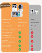 Boifun Babyphone mit Kamera & 2K/3MP APP Steuerung, 5" WLAN Video Babyfone, 360 Grad IR-HDR Nachtsicht, Weinen-/Bewegungs-/Geräusch-/Temperaturüberwachung, Automatische Verfolgung, 3000mAh Akku