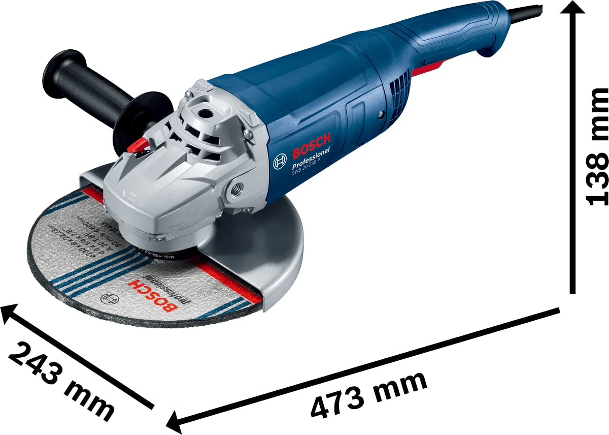 Bosch Professional Winkelschleifer GWS 20-230 P (inkl. Zweilochschlüssel, Aufnahmeflansch, Spannmutter, Abdeckschutz, Zusatzhandgriff)