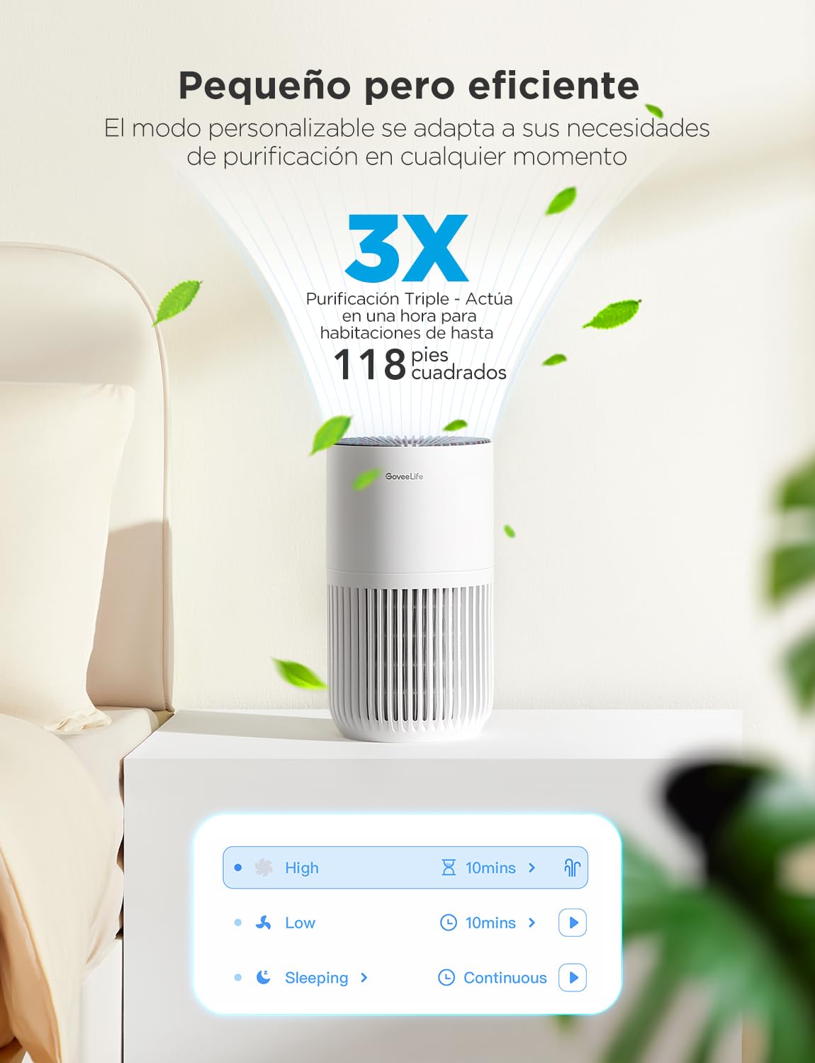 GoveeLife Mini-Luftreiniger fürs Schlafzimmer, intellig. HEPA-Filter mit Alexa-App-Steuerung gegen Tierhaare, Gerüche, Pollen, Rauch, Tragb. Luftreiniger mit 3 Geschwindigkeiten, 2 Modi, Timer, Aromen