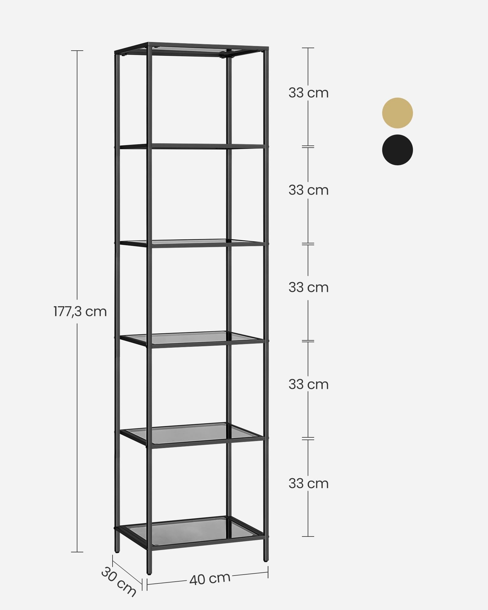 VASAGLE Badregal mit 6 Ablagen, gehärtetes Glas, einfache Montage für Badezimmer, Wohnzimmer, Küche, Büro, Schiefergrau, Schwarze Tinte LGT500G01